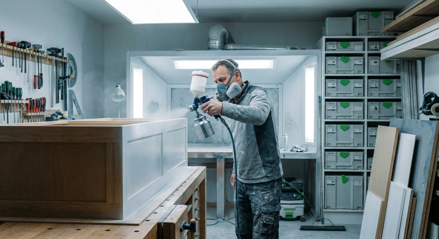 A focused hobbyist painter using an HVLP turbine spray gun to apply a fine, even coat of paint onto a wooden cabinet panel in a clean, well-lit workshop.