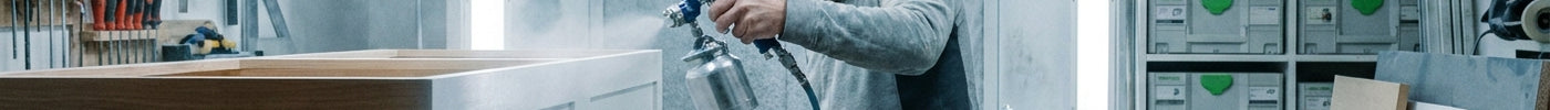 A focused hobbyist painter using an HVLP turbine spray gun to apply a fine, even coat of paint onto a wooden cabinet panel in a clean, well-lit workshop.